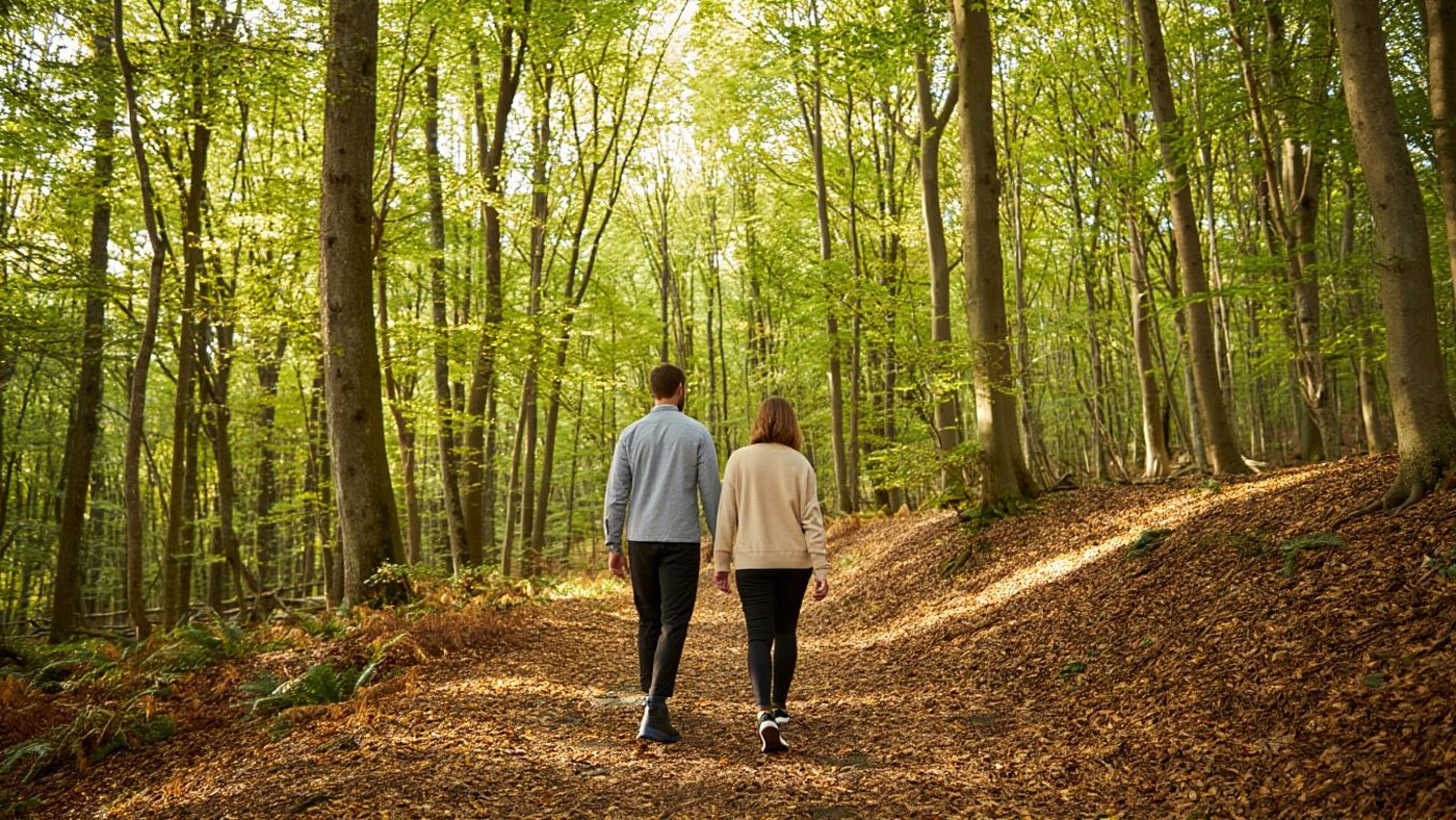 Deux marcheurs sur un sentier forestier lumineux